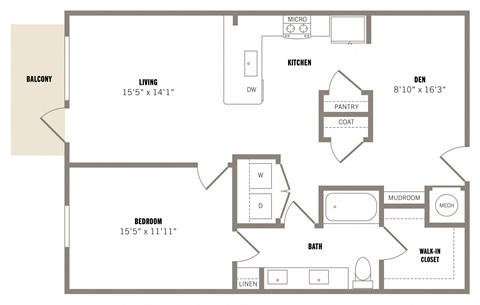Floor plan for 1 bed, 1 bath, 962 sqft